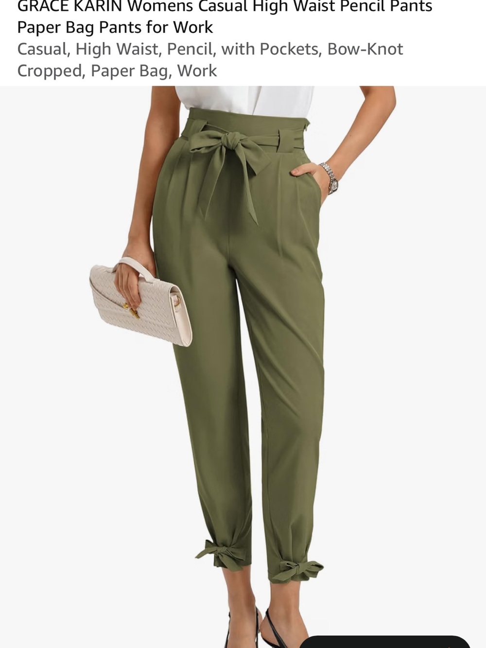 Grace Karin Olive Green High-Waist Paper Bag Bow-Tie Cropped Pants